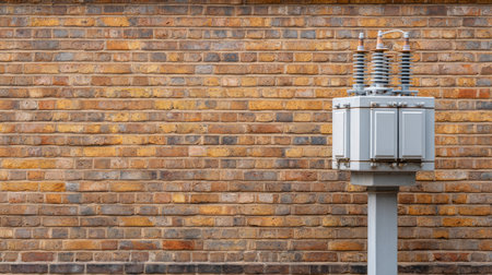 A modern electrical transformer stands on a pole against a textured brick wall, showcasing industrial features essential for energy infrastructure and utility services.の素材