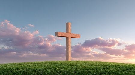 A wooden cross stands prominently on a green hill during sunrise, surrounded by a colorful sky filled with clouds, evoking feelings of peace and spiritual reflection.の素材