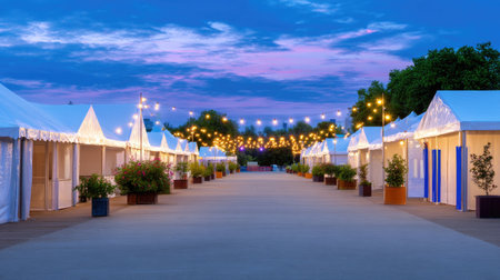 Capture the tranquil beauty of an outdoor event featuring elegant tents adorned with string lights under a stunning twilight sky. Perfect for celebrations.の素材