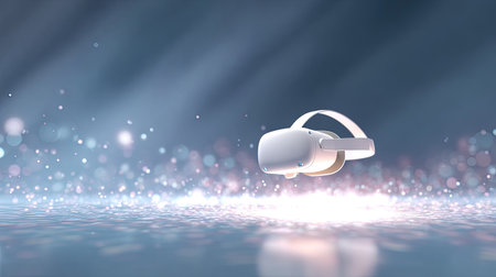 A sleek virtual reality headset appears to float gracefully above a glossy surface, surrounded by soft, sparkling lights, symbolizing the future of immersive technology.の素材