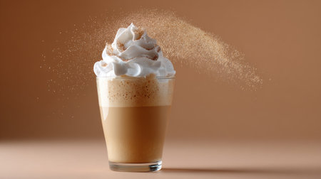 A stunning coffee drink topped with fluffy whipped cream and decorative sprinkles, captured against a soft brown background that enhances its inviting allure.の素材