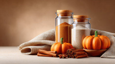A beautifully arranged autumn kitchen scene featuring glass jars of brown sugar and white sugar, small pumpkins, cinnamon sticks, and warm tones, perfect for seasonal cooking.の素材