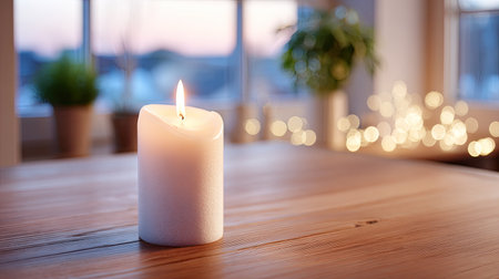 A flickering candle on a wooden table creates a warm and inviting atmosphere, perfect for relaxation or enhancing a cozy interior setting with soft ambient light.の素材