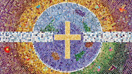This vibrant mosaic artwork features a central cross surrounded by a stunning array of colors and patterns, symbolizing faith and community in an artistic way.の素材