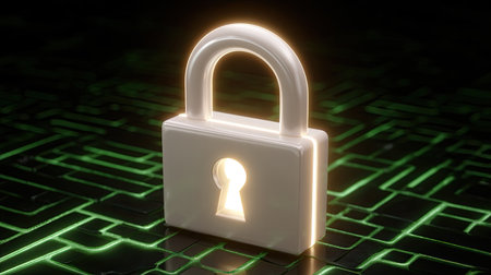 A modern digital lock symbolizing security and privacy in the digital world. The glowing padlock is set against a dark background filled with circuit patterns, emphasizing technology.の素材