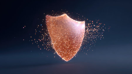 A stunning shield icon radiating sparks of light, symbolizing protection and security. Ideal for branding and visual representation in various projects.の素材
