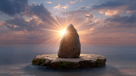 A stunning landscape features a solitary rock on a small island, bathed in the warm glow of a breathtaking sunset, creating an atmosphere of peace and tranquility.の素材