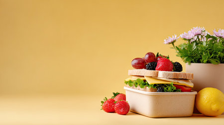A vibrant and colorful sandwich sits with an assortment of fresh fruits and flowers against a bright yellow background, showcasing healthy and appetizing meal ideas.の素材