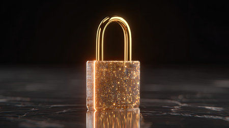 This image features a digital padlock with vibrant glowing elements on a dark reflective surface, representing modern technology in data security and protection concepts.の素材