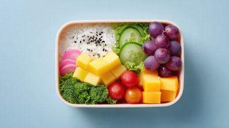 A visually appealing bento box featuring vibrant fruits and fresh vegetables beautifully arranged with rice, perfect for healthy meal ideas and inspiration.の素材