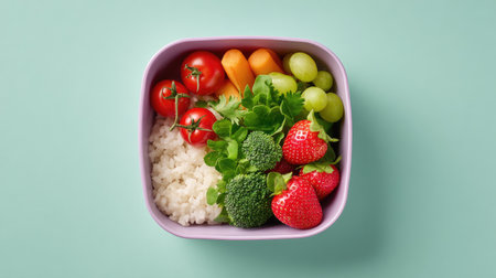 This vibrant salad bowl features rice, fresh cherry tomatoes, broccoli, strawberries, carrots, and grapes, perfect for a healthy meal or snack on a mint green background.の素材