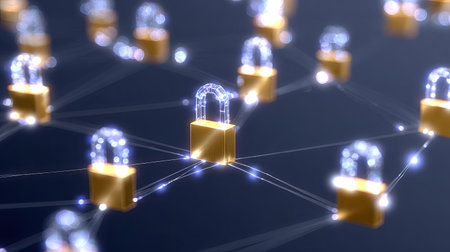 A conceptual representation of digital security featuring glowing locks connected through intricate lines, emphasizing the importance of data protection in technology.の素材