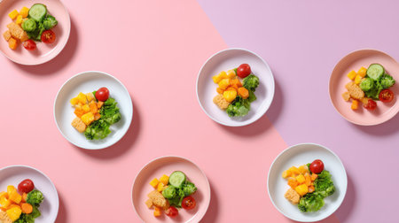A vibrant display of healthy salad bowls featuring fresh vegetables and fruits on a stylish pink and purple background, perfect for food photography or healthy meal inspiration.の素材
