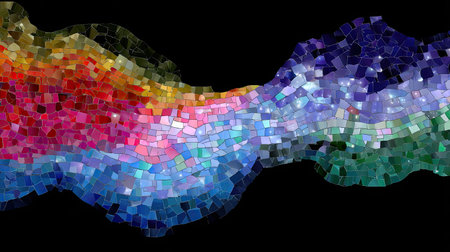 A captivating abstract mosaic design showcasing a dynamic flow of vivid colors including red, blue, green, and purple against a striking black background.の素材