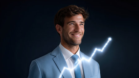 A confident businessman wearing a light blue suit smiles while a growth graph overlays the image, symbolizing success and positive outcomes in finance and business.の素材