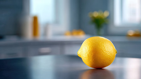 A fresh lemon sits on a kitchen countertop, illuminated by natural light, enhancing its vibrant color and inviting atmosphere, perfect for culinary inspiration.の素材