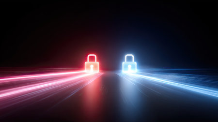 This image showcases digital locks illuminated by red and blue light trails, symbolizing security and protection in a modern, tech-driven world.の素材