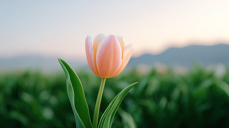 A stunning pink tulip stands tall in a vibrant green field, radiating beauty against a softly blurred sunset. Capture the essence of spring and nature's tranquility in this inviting scene.の素材
