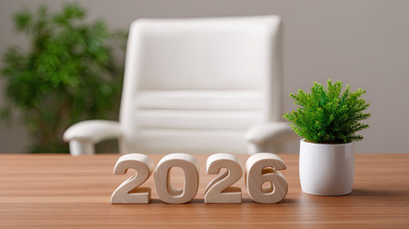 A stylish desk scene featuring wooden numbers reading 2026, alongside a vibrant green plant and a modern office chair, creating a fresh workspace atmosphere.の素材