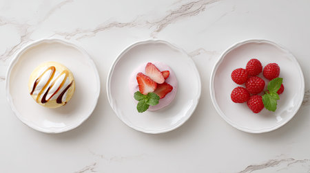 An exquisite display of three desserts on stylish plates features a creamy treat, fresh strawberries, and plump raspberries, perfect for any occasion.の素材