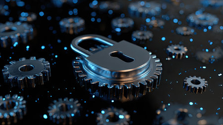 A metallic lock positioned on a gear stands out in a digital landscape filled with glowing particles, symbolizing security and technological innovation in the industry.の素材