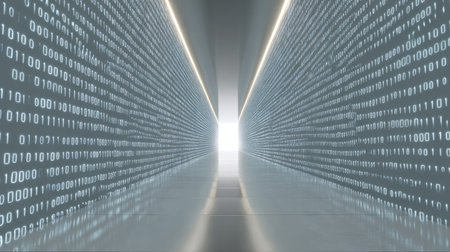 This captivating image features a sleek corridor filled with binary code and bright light at the end, representing the essence of digital technology and innovation.の素材