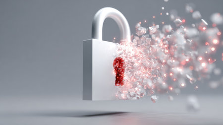 A 3D illustration of a white padlock with a red keyhole disintegrating into particles, representing the themes of security breaches and technology vulnerabilities in modern space.の素材