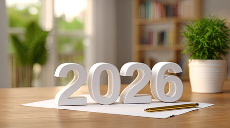 A serene indoor scene featuring the white numbers for the year 2026, accented by a green plant and writing accessories, fostering an inspiring atmosphere for future planning.の素材