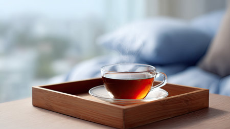A serene image of a warm cup of tea resting on a wooden tray, with gentle steam rising, creating a cozy atmosphere perfect for relaxation and enjoyment.の素材