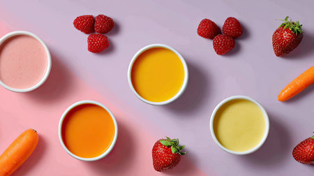 Bright and vibrant bowls of smoothies in various flavors are surrounded by fresh fruits on a pastel backdrop, perfect for health, wellness, and culinary creativity.の素材