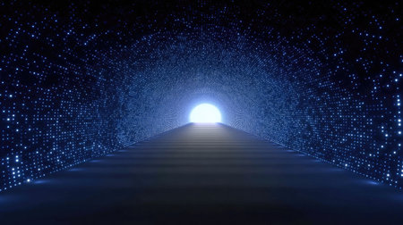 A mesmerizing image capturing a bright light at the end of a dark tunnel, surrounded by twinkling stars that evoke a sense of mystery and exploration.の素材