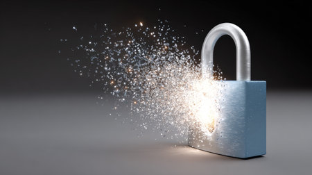 A visually striking image of an open padlock emitting sparkling light effects, symbolizing a digital security breach. Ideal for concepts of safety and technology.の素材