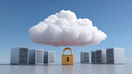 This image illustrates the concept of cloud storage security, featuring a padlock amidst server stacks, embodying data protection and safety in digital environments.の素材
