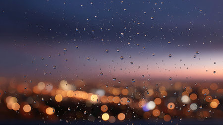 Captivating raindrops adorn a window, contrasting the vibrant bokeh of distant city lights against a stunning sunset backdrop, creating an enchanting evening scene.の素材