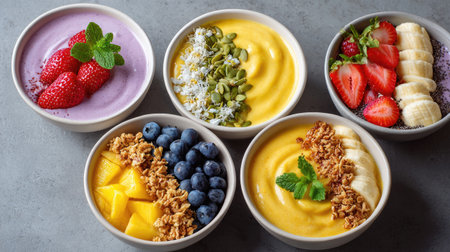 A captivating display of five vibrant smoothie bowls featuring fresh fruits and toppings. Perfect for promoting healthy eating and nutritious lifestyle choices.の素材