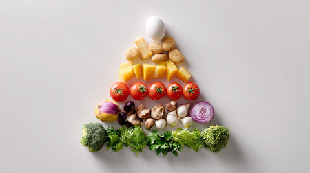 An artistic arrangement of fresh vegetables, fruits, nuts, and eggs forming a pyramid shape. This display showcases vibrant colors and promotes healthy eating habits.の素材