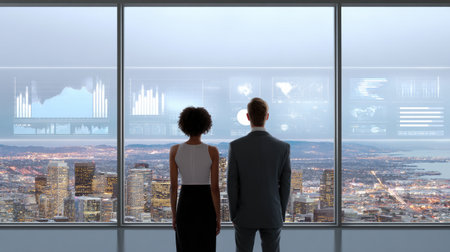 A man and woman stand together in a stylish office, gazing at the impressive city skyline while digital data visualizations offer insights into business strategies.の素材