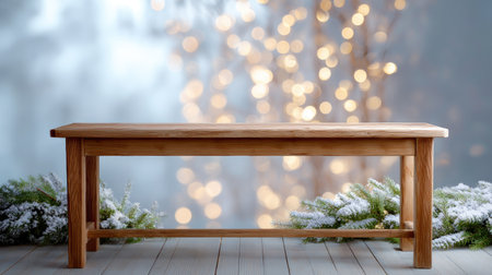 A rustic wooden table is showcased in an enchanting scene, surrounded by snowy greenery and illuminated by soft bokeh lights, perfect for winter decor.の素材