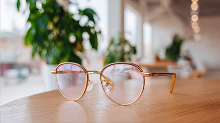 A pair of stylish round sunglasses with a pink tint lies elegantly on a wooden table, capturing the essence of modern interior design in a warm and inviting setting.の素材