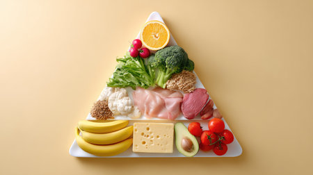 This vibrant food pyramid showcases a variety of healthy ingredients, including fruits, vegetables, lean proteins, and dairy, beautifully arranged for dietary inspiration.の素材