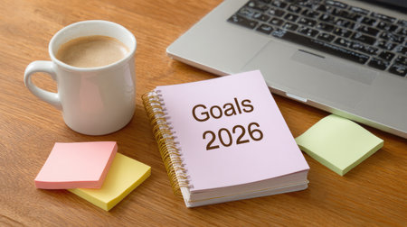 A cozy workspace setup showcasing a goals notebook for 2026, a coffee mug, and colorful sticky notes. Ideal for inspiration and productivity enhancement.の素材