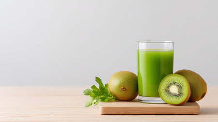 This image features a refreshing green juice in a clear glass, accompanied by fresh kiwi fruits on a wooden cutting board, perfect for promoting health and wellness.の素材