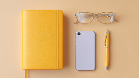 A bright yellow notebook, modern smartphone, stylish glasses, and a pen are artfully arranged on a soft orange surface, perfect for showcasing productivity and creativity.の素材