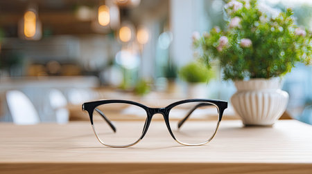 Fashionable black frame glasses are elegantly placed on a wooden table within a trendy cafe, enhanced by soft natural light and greenery in the background.の素材