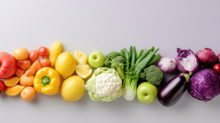 A colorful arrangement of fresh fruits and vegetables displayed in a rainbow pattern, showcasing the beauty of healthy eating and vibrant colors in food preparation.の素材