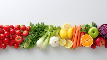 A vibrant arrangement of fresh vegetables and fruits, showcasing tomatoes, carrots, and citrus. Perfect for health, nutrition, and culinary-themed projects.の素材