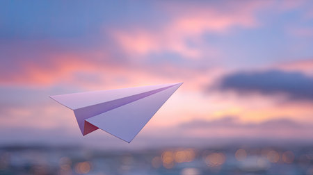 A whimsical paper airplane gently glides through a colorful sunset sky, evoking a sense of adventure and creativity against a blurred urban backdrop.の素材
