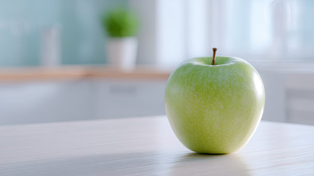 A solitary green apple sits gracefully on a wooden table in a modern kitchen setting, showcasing its vibrant color and fresh appeal under soft natural light.の素材