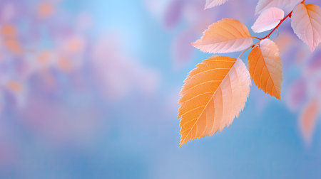 Experience the beauty of delicate orange leaves set against a soft blue background, evoking feelings of serenity and tranquility, perfect for nature-themed projects.の素材