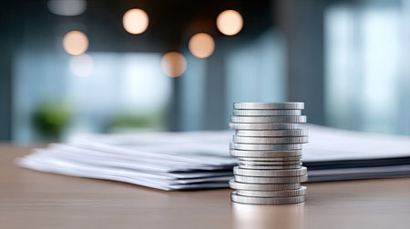 A clean and modern workspace featuring neatly stacked coins on a wooden table, surrounded by financial documents, with a soft-focus background enhancing the professional atmosphere.の素材